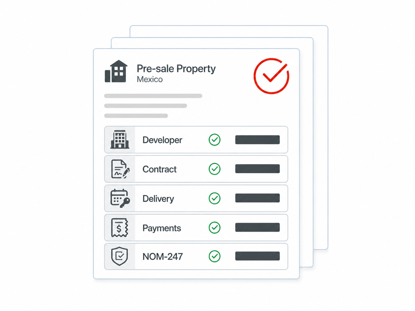 Mexico pre-sale property checklist showing developer, contract, delivery, payment, and NOM-247 verification before deposits.