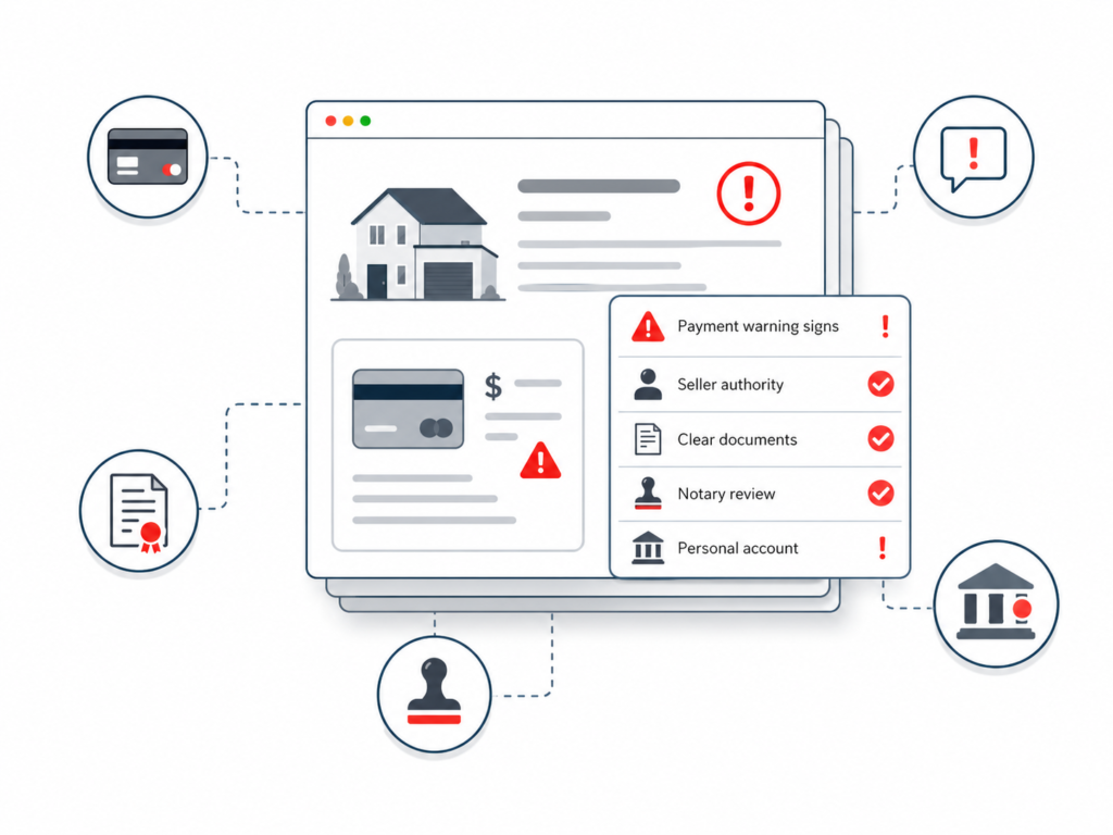 Mexico real estate warning infographic shows payment red flags, seller authority, notary review, and document checks.