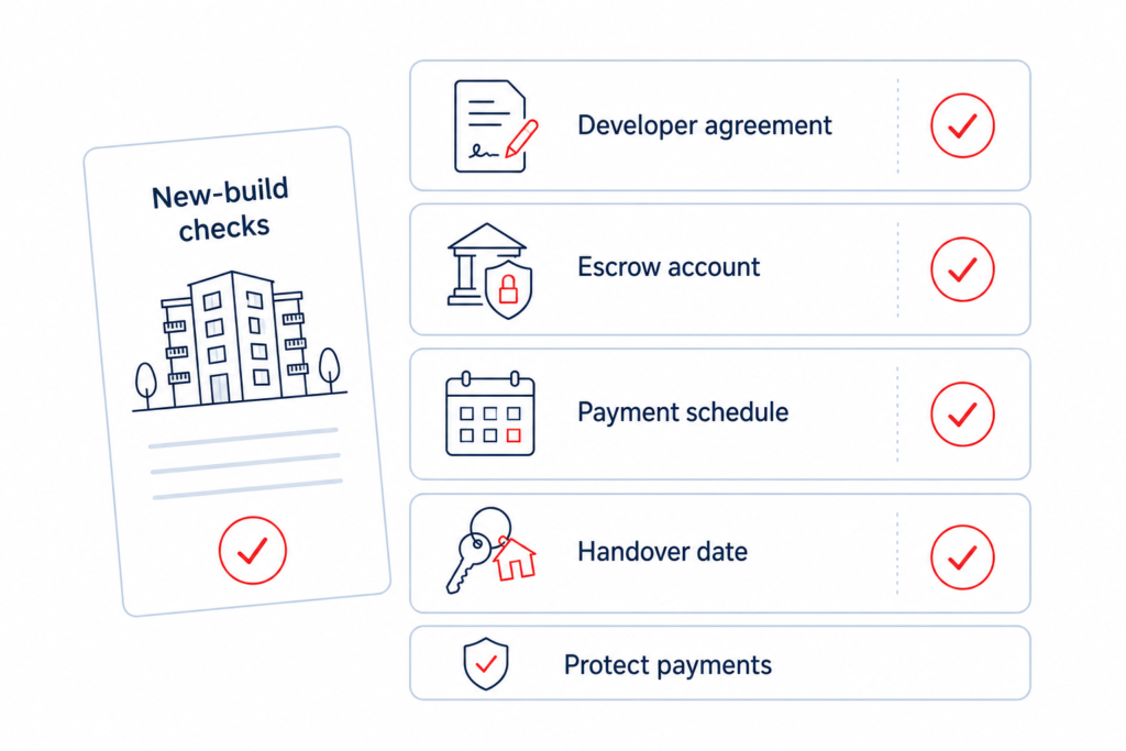 New-build property checklist showing developer agreement escrow account, payment schedule and handover checks in Poland.