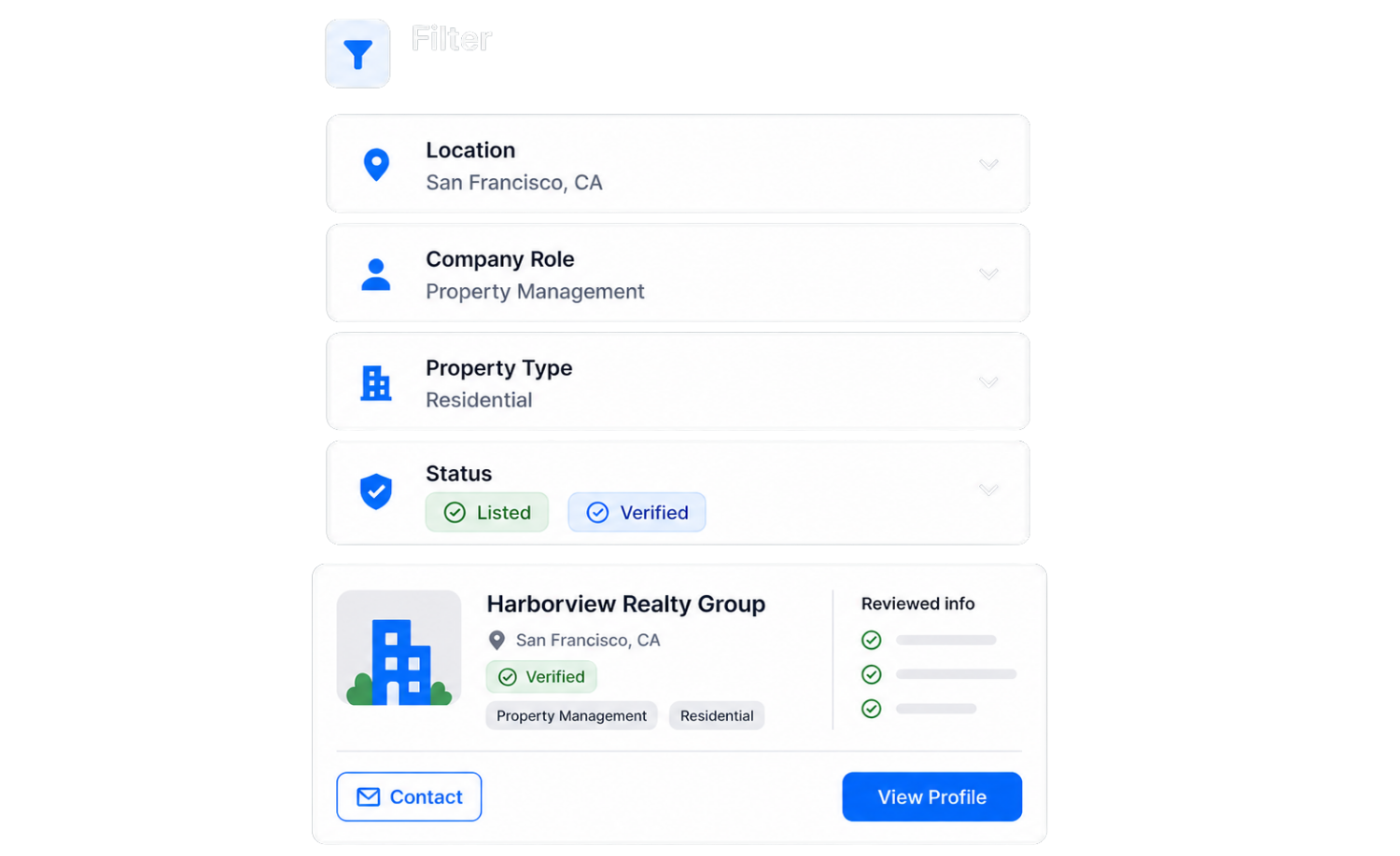 REDH filter UI showing location, role, property type, listed/verified status badges, reviewed details, and result cards data.