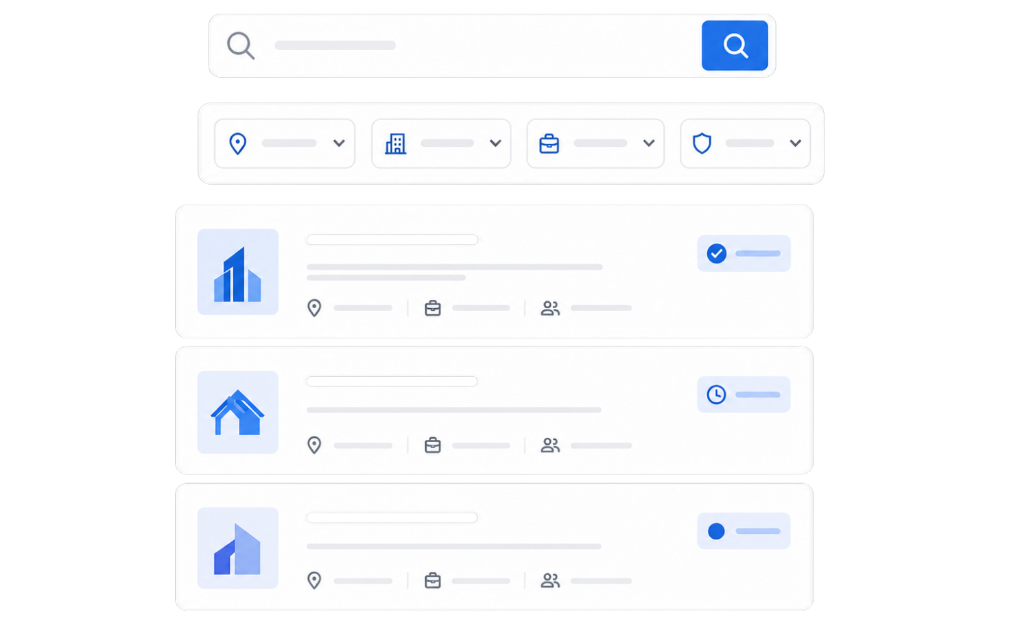 REDH search interface showing profile cards, location, project type, service area filters, and company profile status tags UI 1 (1)