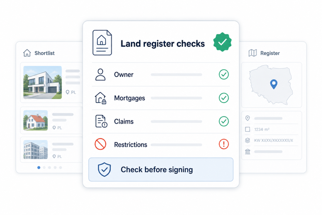 White infographic shows Poland land register checks for owner, mortgages, claims and restrictions before property signing.