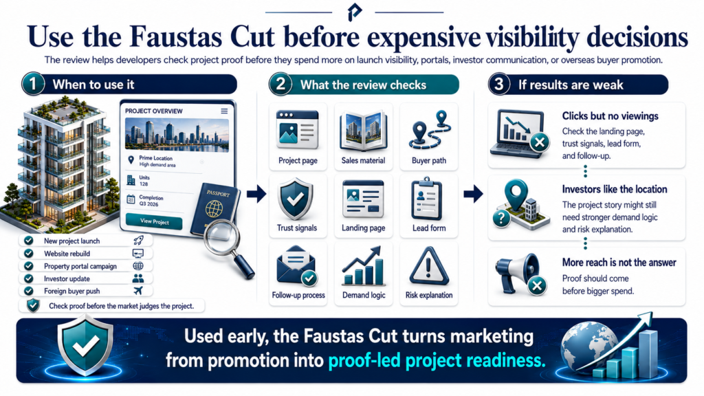 Faustas Cut infographic shows proof-led review before launch, portal, investor, and foreign-buyer spend