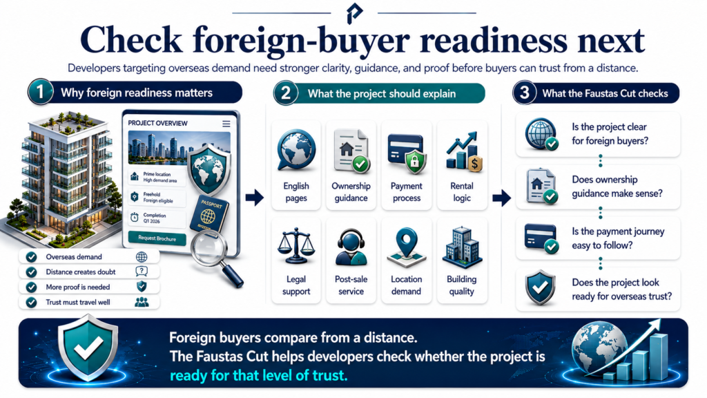 Foreign buyer readiness infographic showing English pages, ownership guidance, payment flow, rental logic, and trust checks