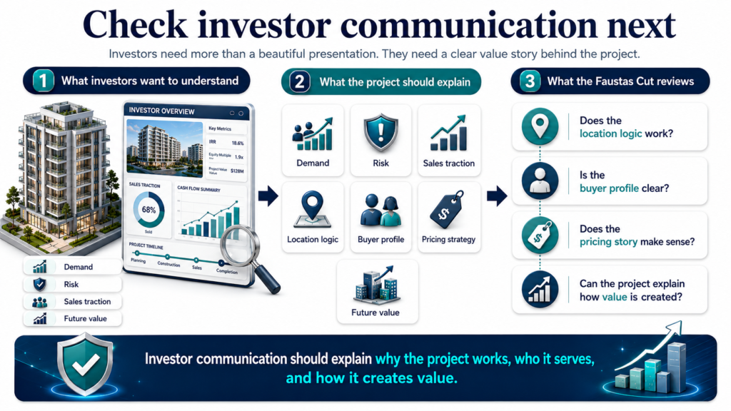 Investor communication infographic shows demand, risk, buyer profile, pricing story, and project value checks