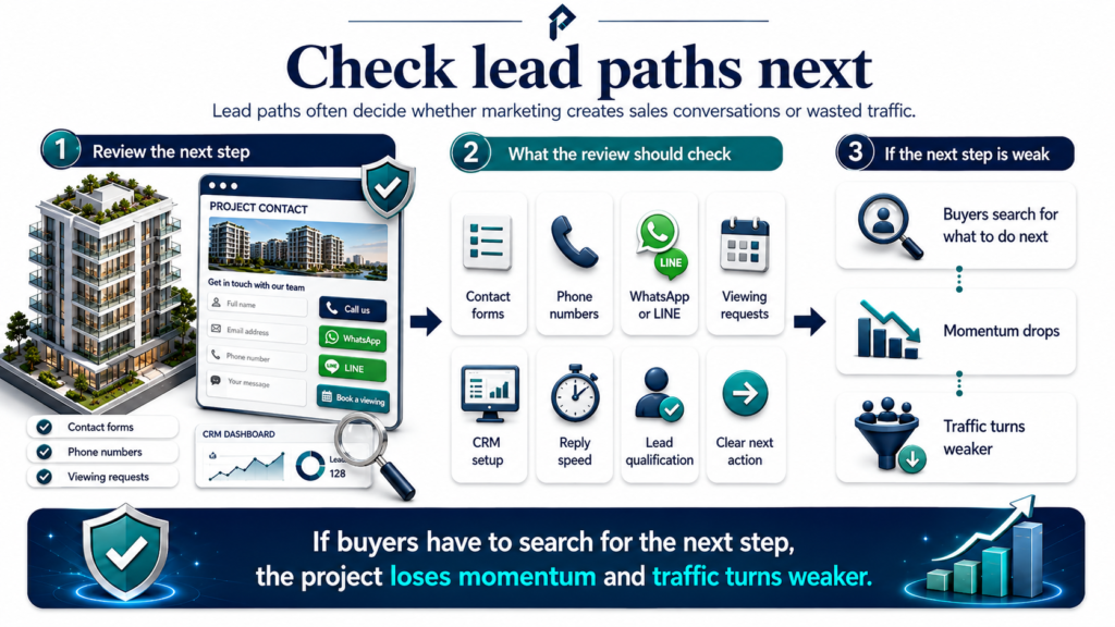 Lead paths infographic showing contact forms, WhatsApp, LINE, CRM setup, reply speed, and weaker traffic risk for buyers now