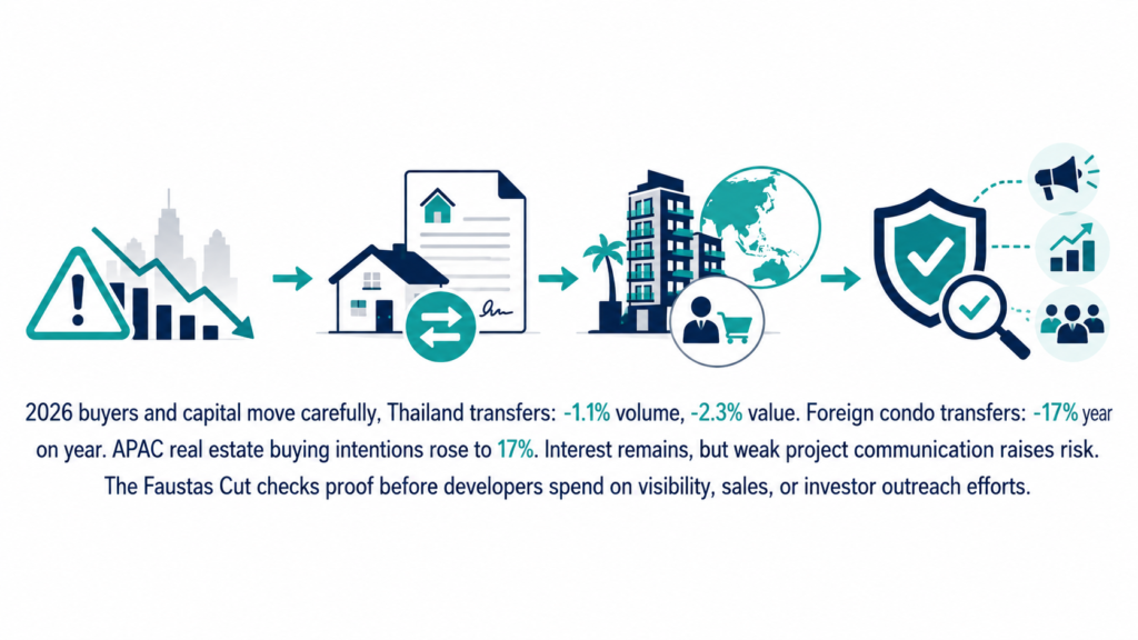 Real estate developers infographic showing Thailand transfer declines, 17% APAC buying intent, and proof-led outreach steps